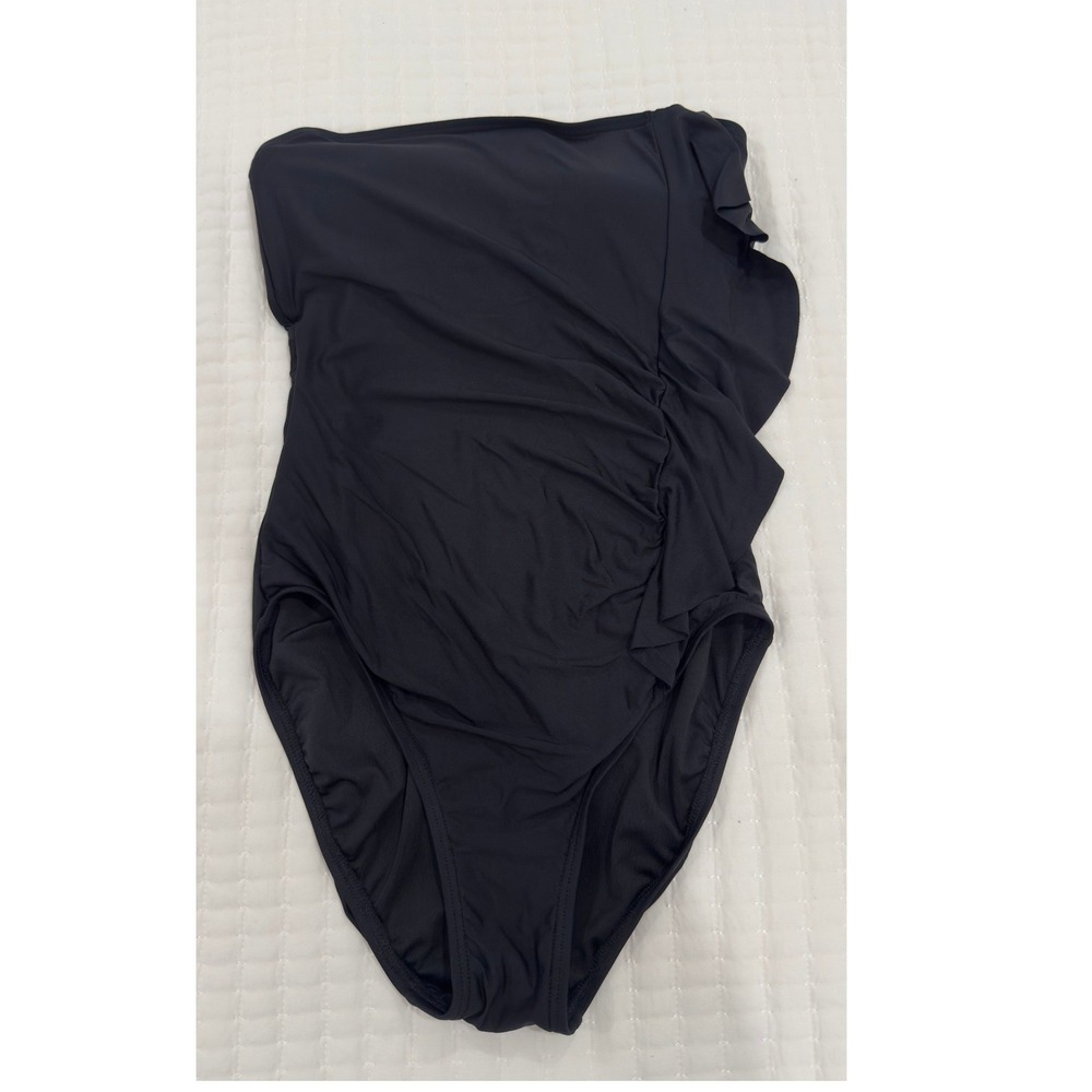 DKNY Swimsuit Women Black 8 Nylon Spandex Bandeau Ruffle One Piece Excellent - Picture 2 of 6